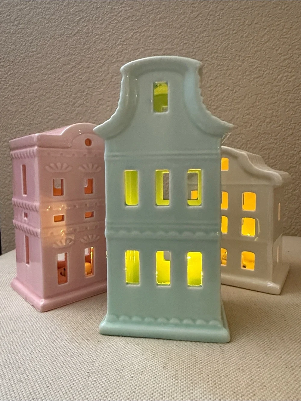 Set-of-3 Ceramic Light-up Village Pieces, 4.5”-6.25” high, bottom on/off switch